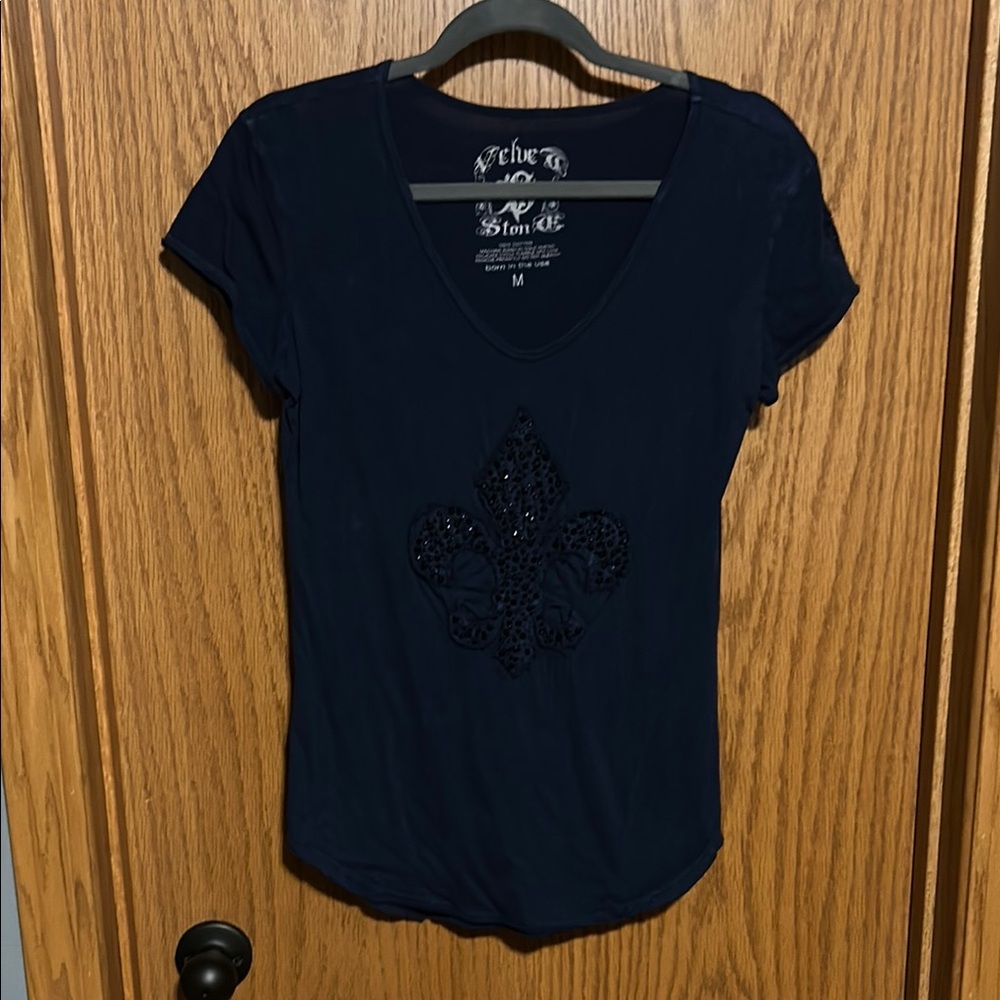 Velvet Stone Blue Fitted V-Neck Short Sleeve Tee